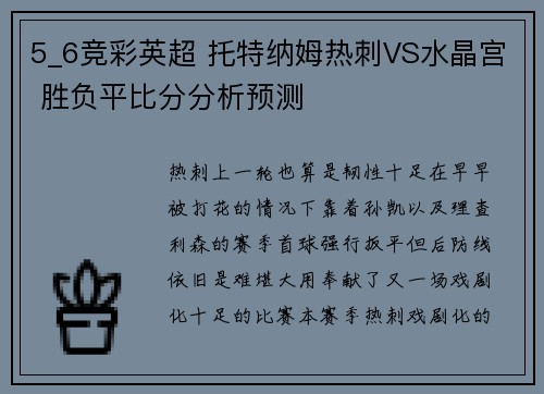 5_6竞彩英超 托特纳姆热刺VS水晶宫 胜负平比分分析预测