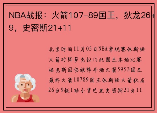 NBA战报：火箭107-89国王，狄龙26+9，史密斯21+11